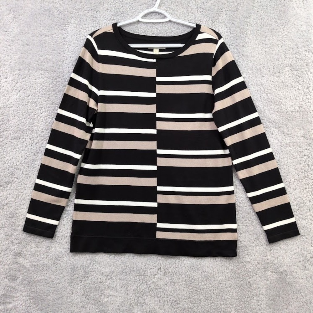 Dana‎ Buchman Sweater Women's Large Black Striped Colorblock Crew Neck Knit Top
